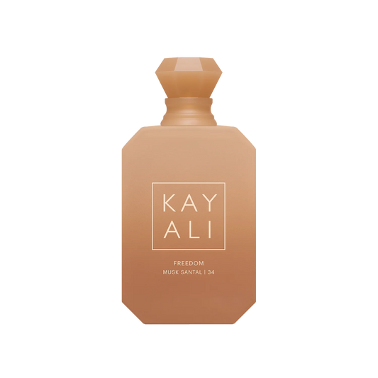 Beige perfume bottle with 'KAY ALI' branding on a white background