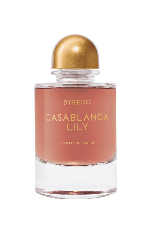 Byredo Casablanca Lily perfume bottle with gold cap on a white background