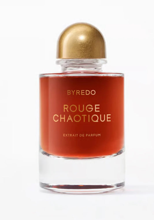 Byredo Rouge Chaotique perfume bottle with gold cap on a white background