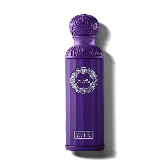 Purple bottle with decorative cap on a white background