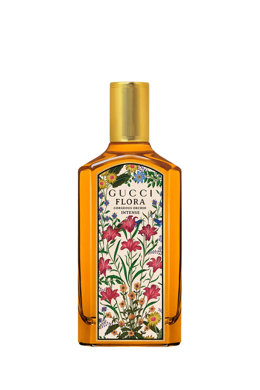 Gucci Flora Intense Intense Eau de Parfum in a rectangular amber glass bottle with a gold cap and a detailed botanical label, set against a plain white background.