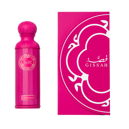 Pink perfume bottle and packaging with 'Gissah' branding on a white background