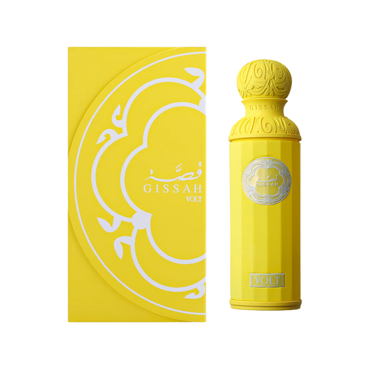 Yellow Gissah perfume bottle and packaging on a white background