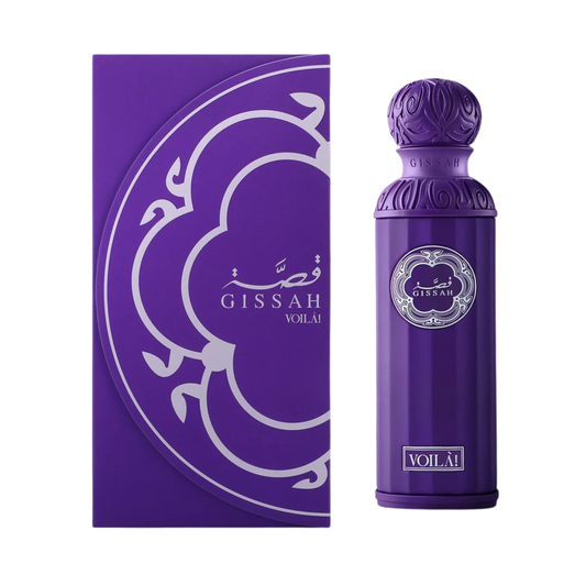 Purple perfume bottle and packaging with 'Gissah' branding on a white background