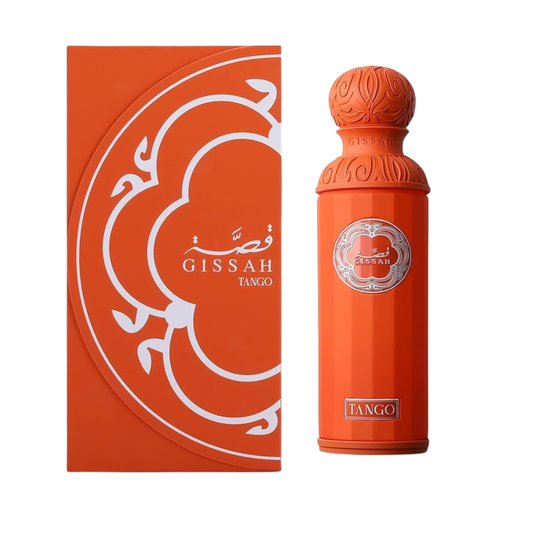 Orange Gissah Tango perfume bottle and packaging on a white background