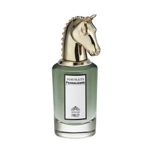 Perfume bottle with gold horse-shaped cap on a white background