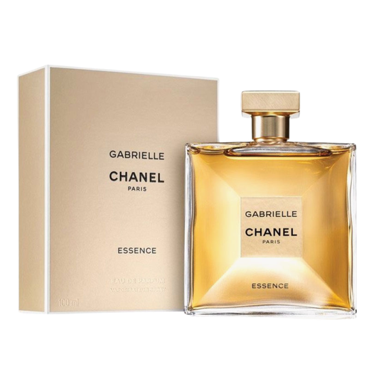 Chanel Gabrielle Essence perfume bottle with golden amber liquid next to its beige packaging box, on a white background.