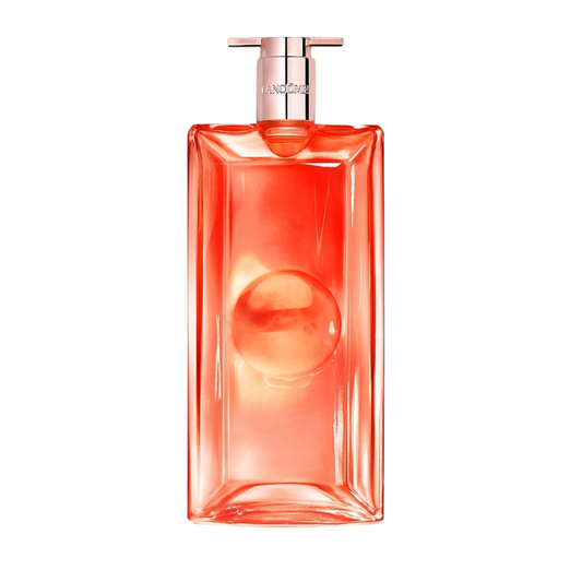 A rectangular glass perfume bottle with a rounded geometric design, filled with a translucent coral-pink liquid and topped with a metallic rose-gold cap. The brand name 'LANEIGE' is visible on the neck of the bottle.