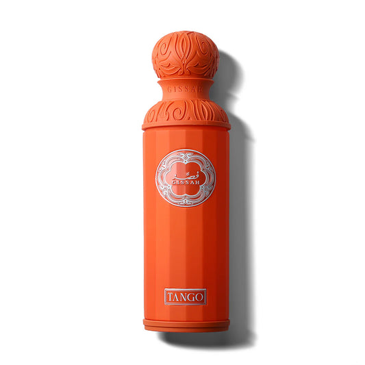 Orange bottle with decorative cap on a white background