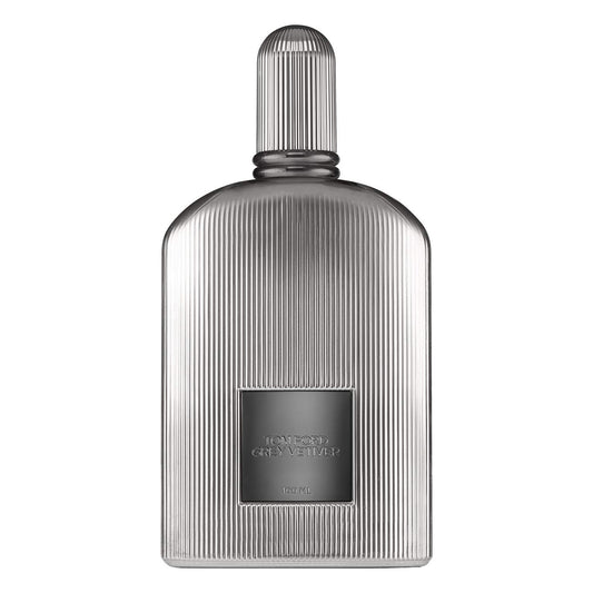 Silver perfume bottle with a textured surface on a white background