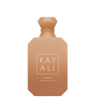 Beige perfume bottle with 'KAY ALI' branding on a white background