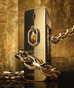 Gold and black perfume bottle with chain against a gold background