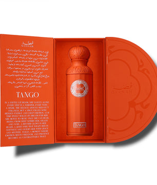 Orange perfume bottle with packaging featuring text and a brand logo.