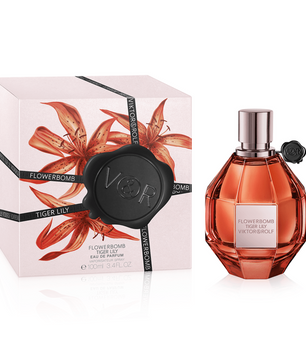 Viktor & Rolf Flowerbomb Tiger Lily perfume bottle and packaging on a white background