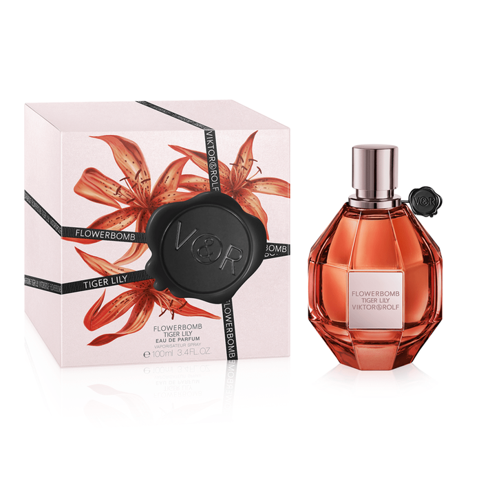 Viktor & Rolf Flowerbomb Tiger Lily perfume bottle and packaging on a white background