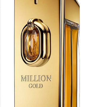 Gold perfume bottle with 'Million Gold' and 'Rabanne' branding on a white background