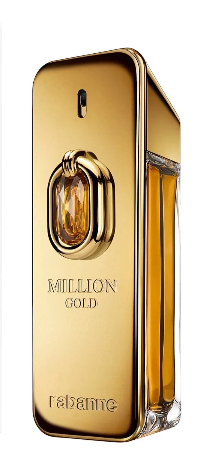 Gold perfume bottle with 'Million Gold' and 'Rabanne' branding on a white background