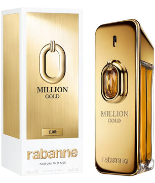 Rabanne Million Gold perfume bottle and packaging on a white background