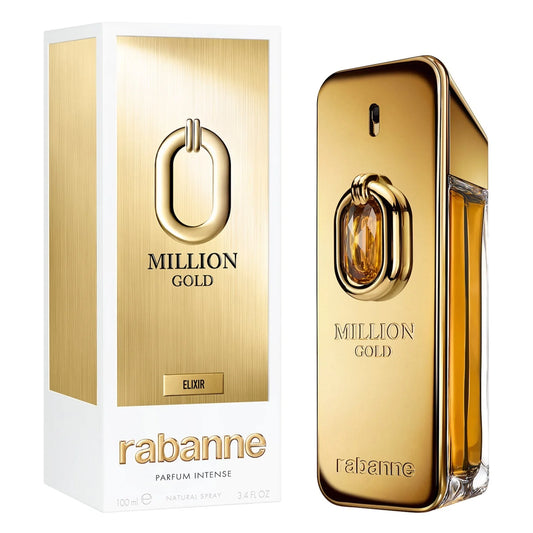 Rabanne Million Gold perfume bottle and packaging on a white background