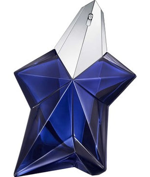 Blue and silver star-shaped perfume bottle on a white background