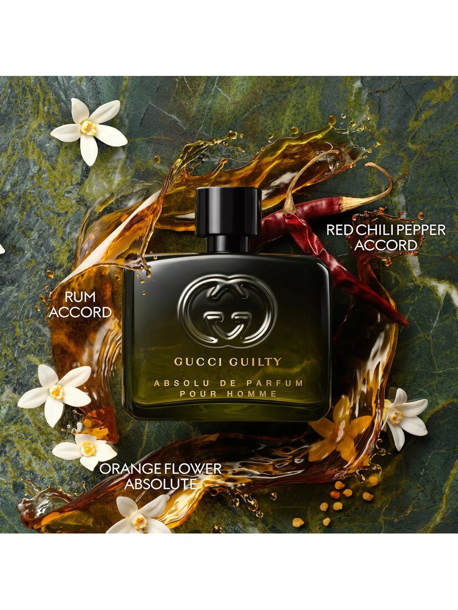 Gucci Guilty perfume bottle with floral and chili pepper elements on a dark background