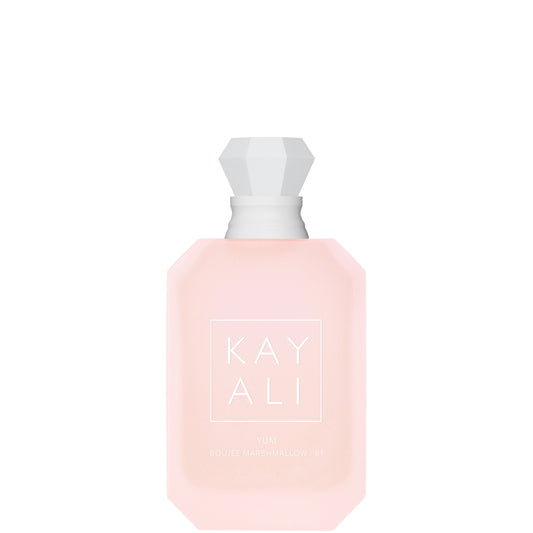 Pink perfume bottle with white cap on a white background
