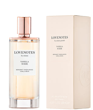 Perfume bottle and packaging of 'Lovenotes by Ariana Grande Vanilla Suede' on a white background