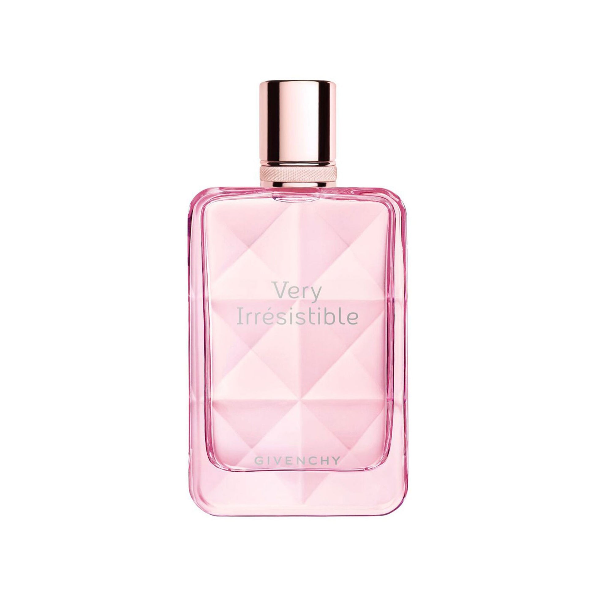 A pink Givenchy Very Irresistible perfume bottle with a faceted geometric design and a metallic rose gold cap, centered on a plain white background.