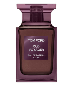 Tom Ford Oud Voyager perfume bottle on a beige background