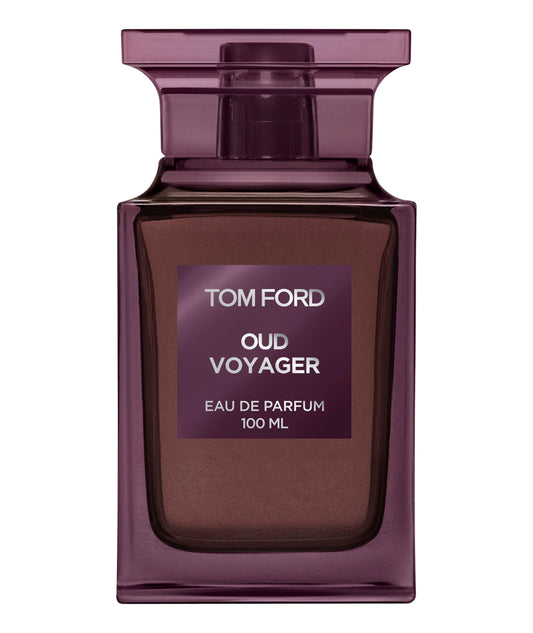 Tom Ford Oud Voyager perfume bottle on a beige background