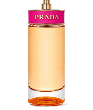 Prada perfume bottle with pink cap on a white background