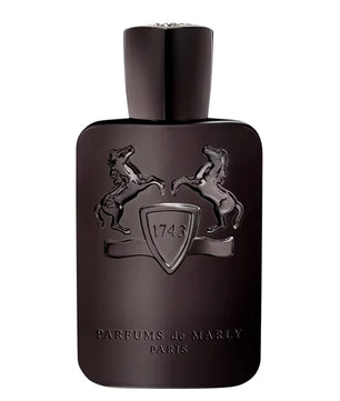 Dark brown perfume bottle with 'Parfums de Marly' logo on a white background