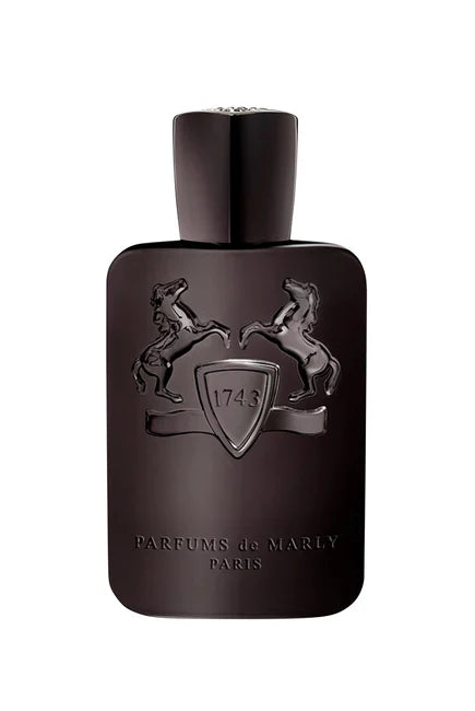 Dark brown perfume bottle with 'Parfums de Marly' logo on a white background