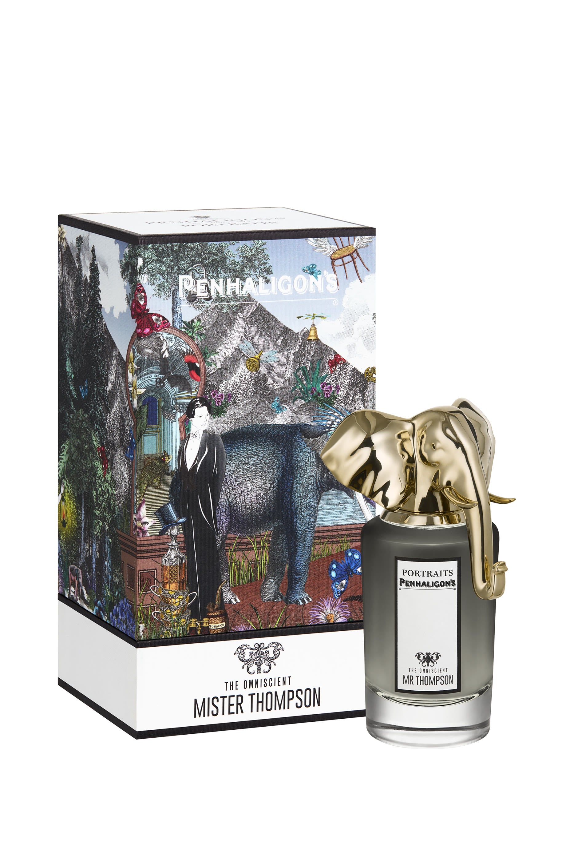 Perfume bottle with decorative box featuring artistic design