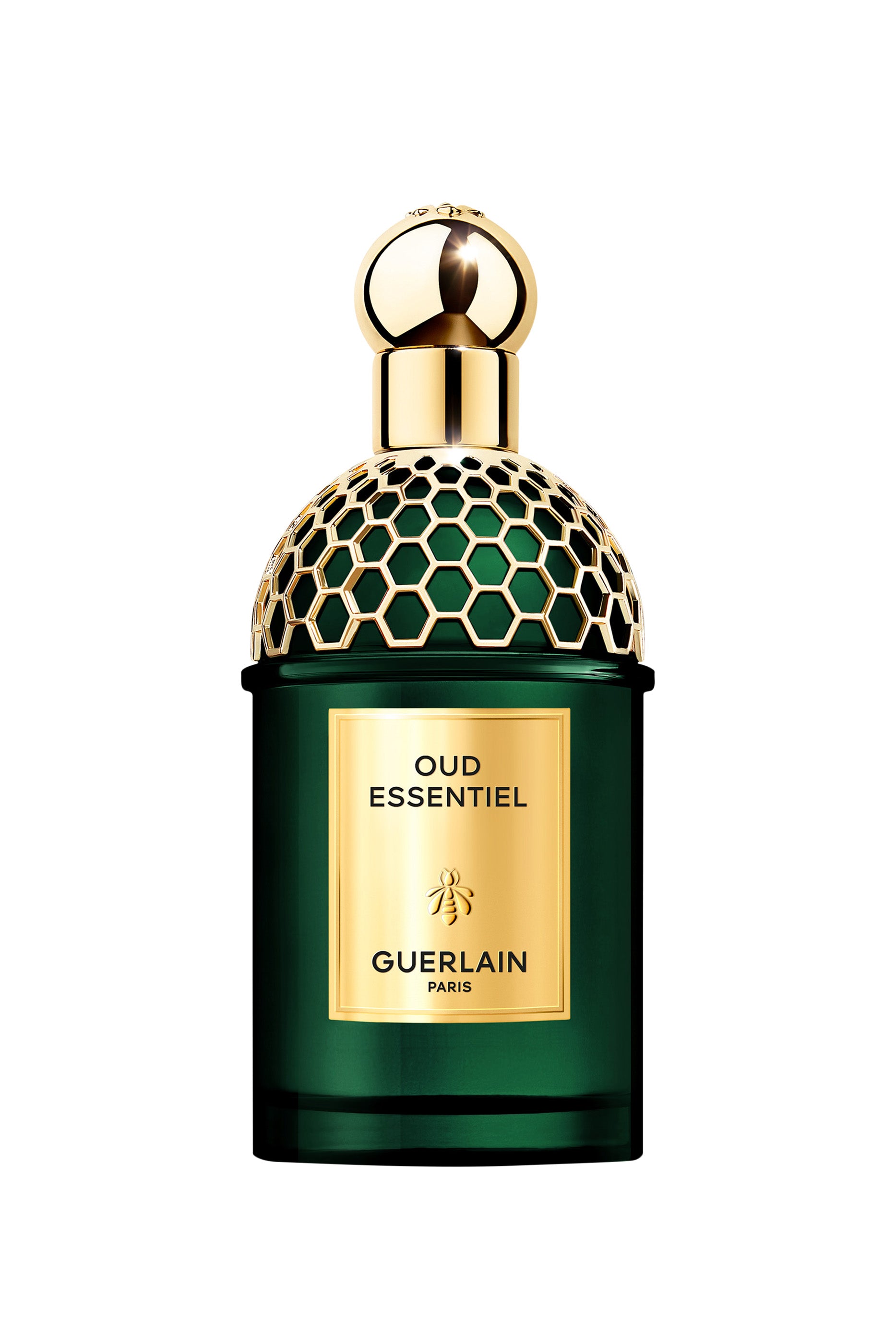 Guerlain Oud Essentiel perfume bottle with gold cap on a white background