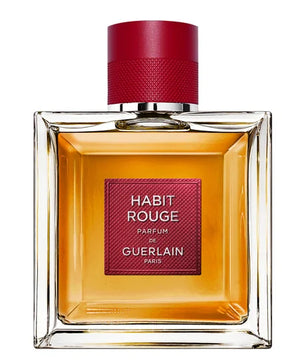 Perfume bottle of Habit Rouge by Guerlain on a white background