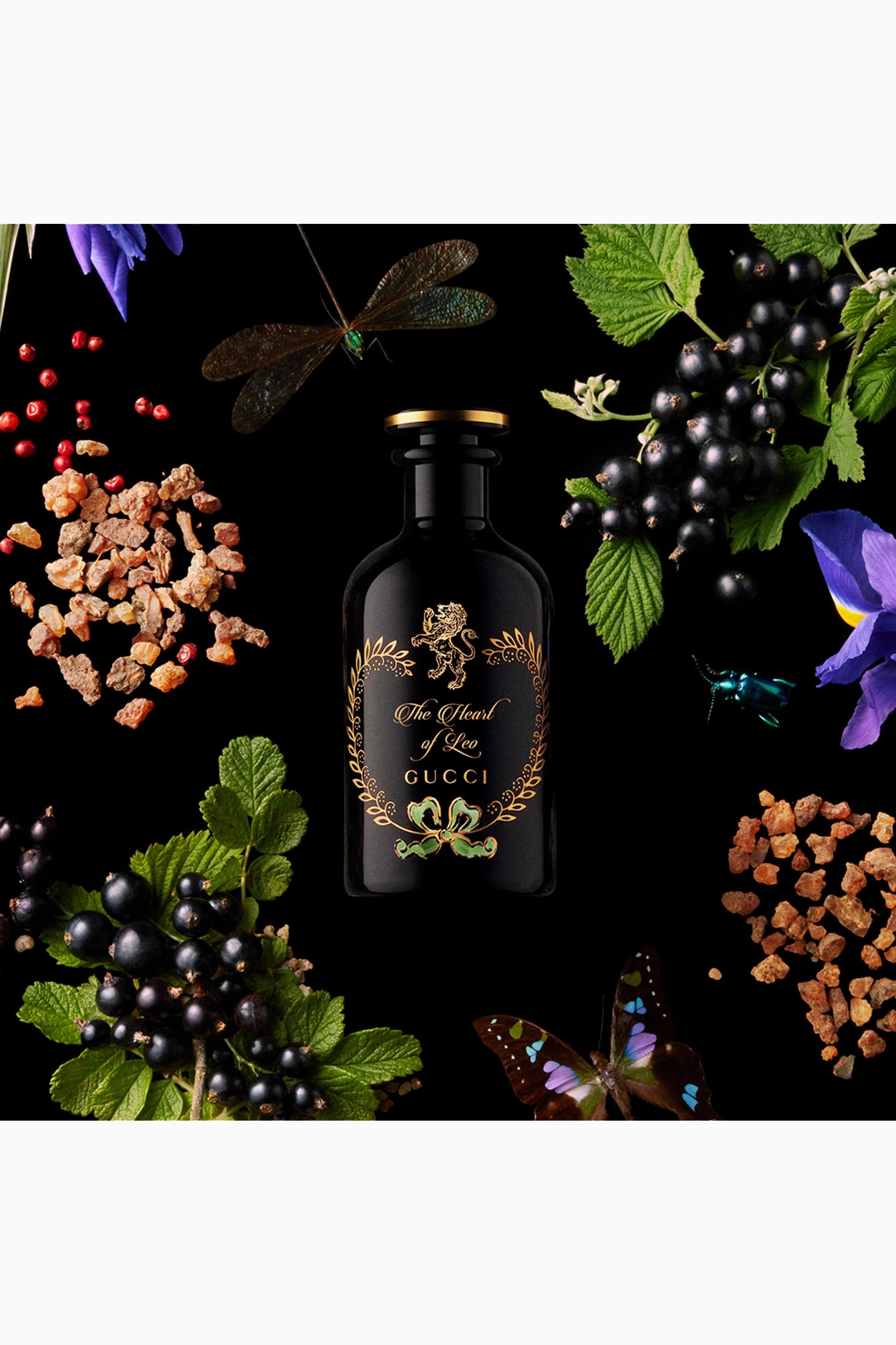 Gucci perfume bottle surrounded by flowers and leaves on a dark background