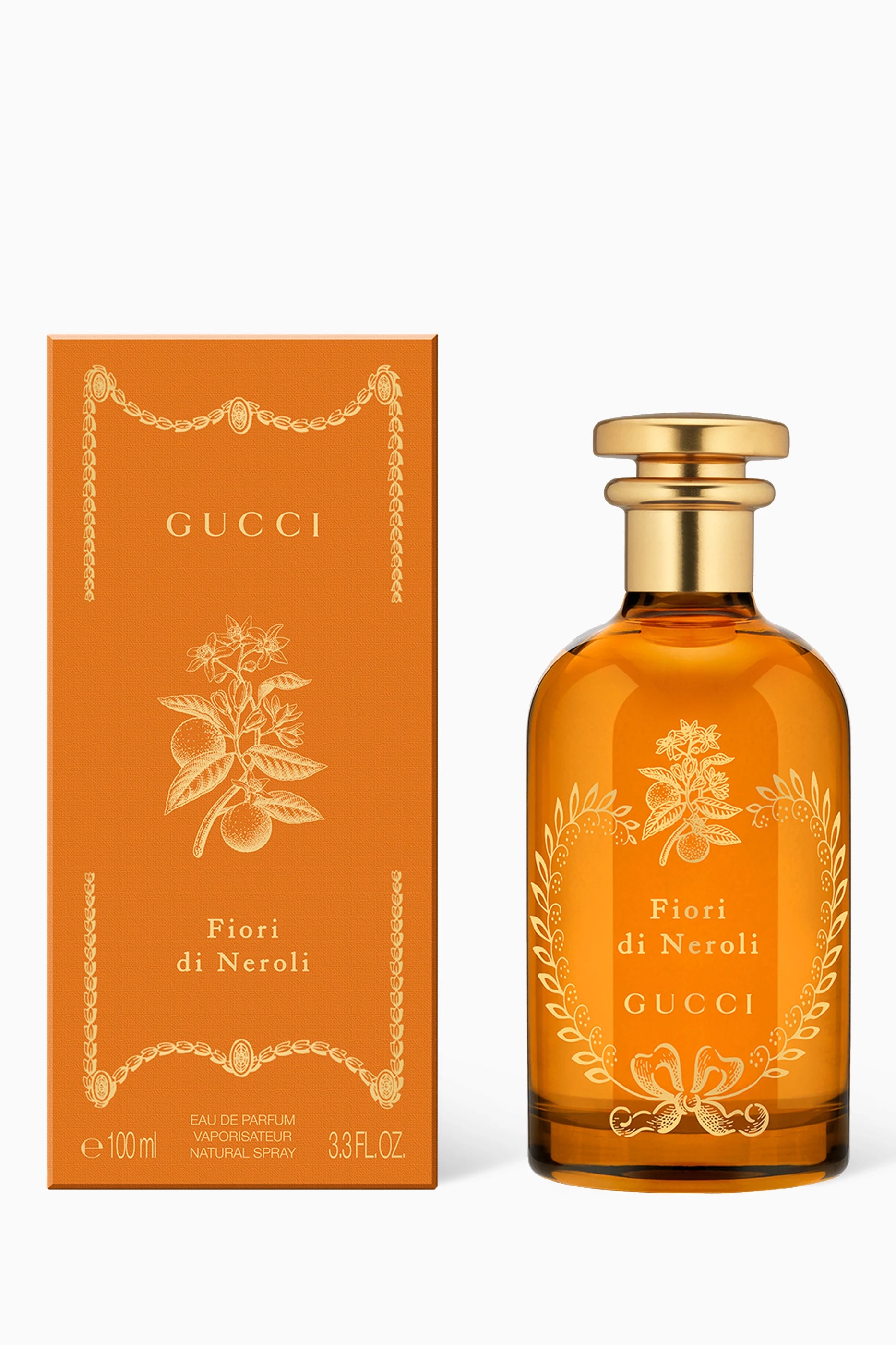 Gucci Fiori di Neroli perfume bottle and packaging on a white background