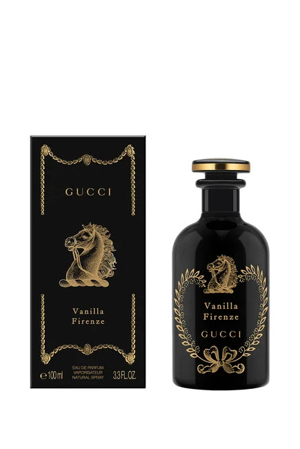 Gucci Vanilla Firenze perfume bottle and packaging on a white background