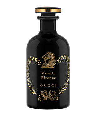 Black Gucci Vanilla Firenze perfume bottle with gold accents on a white background