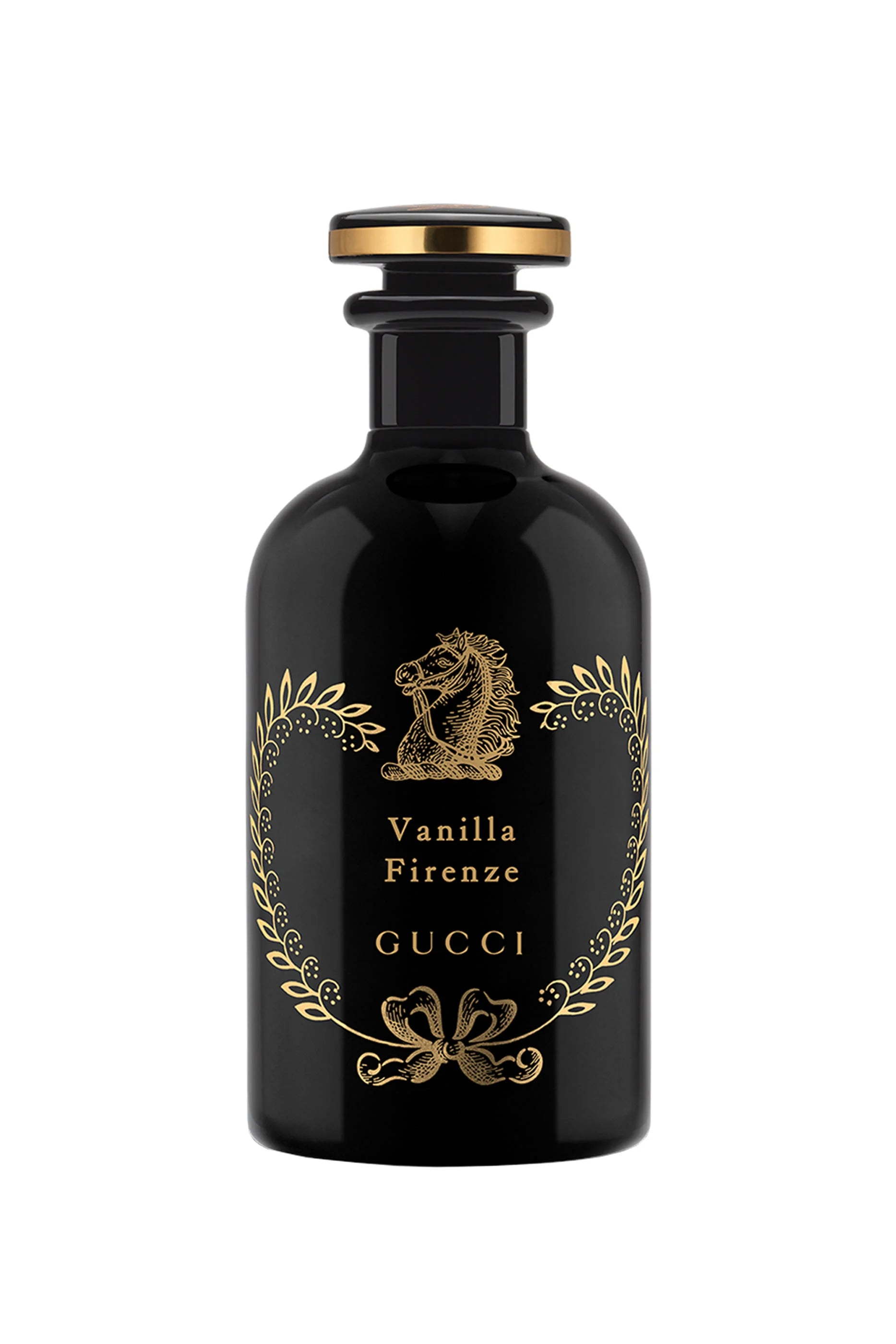 Black Gucci Vanilla Firenze perfume bottle with gold accents on a white background
