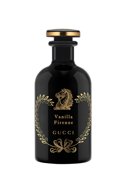 Black Gucci Vanilla Firenze perfume bottle with gold accents on a white background