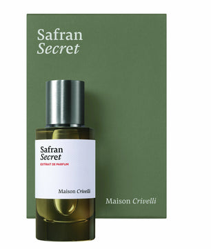 Maison Crivelli Safran Secret perfume bottle with packaging on a white background