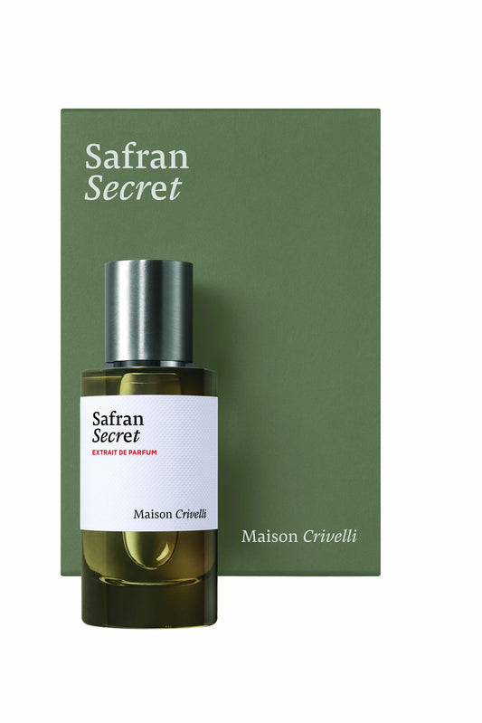 Maison Crivelli Safran Secret perfume bottle with packaging on a white background