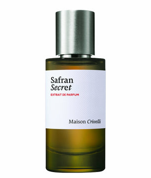Perfume bottle labeled 'Safran Secret' by Maison Crivelli on a white background