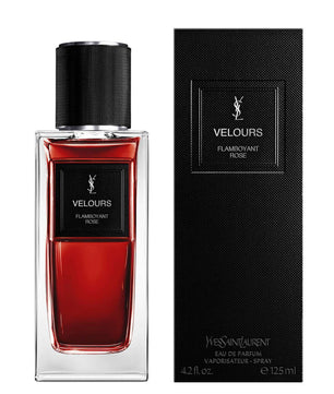 Yves Saint Laurent Velours Flambéant Rouge perfume bottle and packaging on a white background