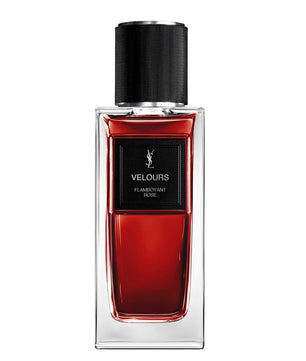 Red perfume bottle with black cap on a white background