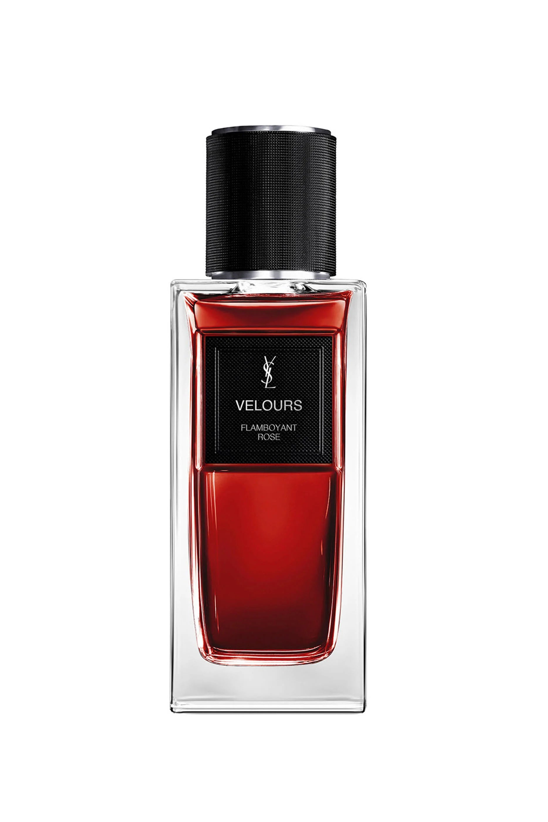 Red perfume bottle with black cap on a white background