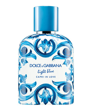 Dolce & Gabbana Light Blue Capri in Love perfume bottle on a white background