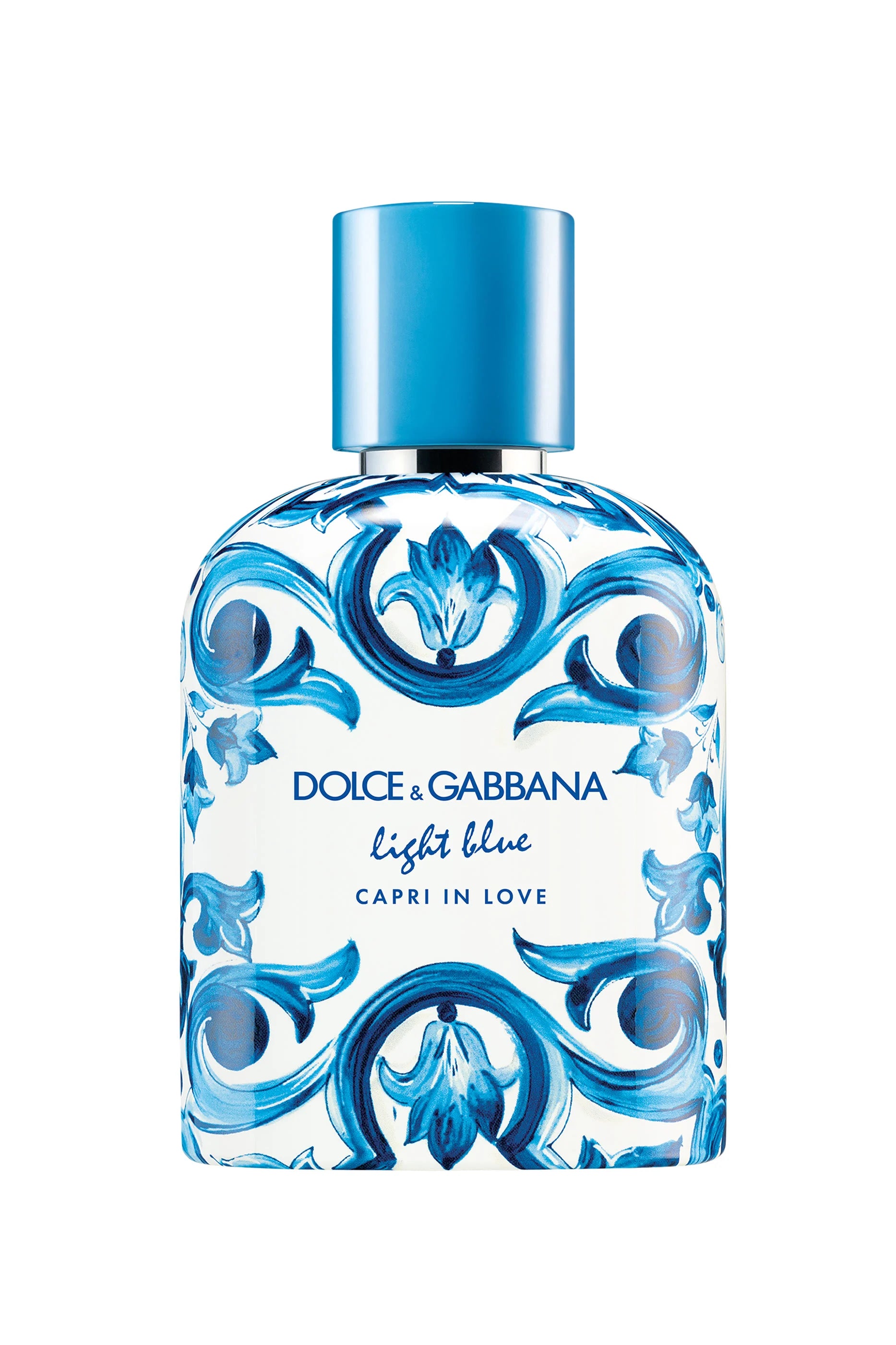 Dolce & Gabbana Light Blue Capri in Love perfume bottle on a white background
